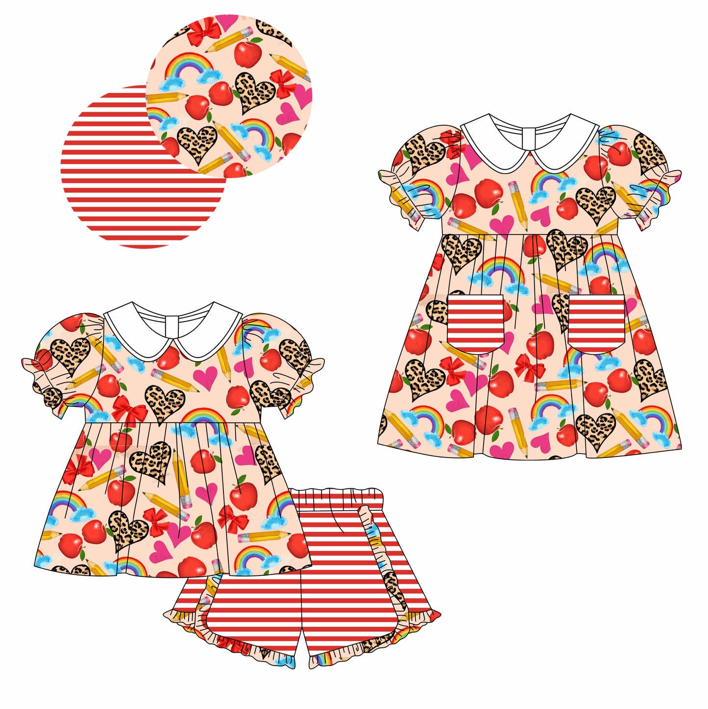 3.17 custom each style moq 5eta 4-6week Sibling Sister back to school baby girl short sleeve shorts sets and dresses match design