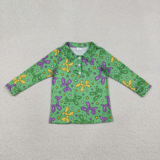 RTS NO MOQ（In Stock) BT1389 Carnival Balloon Puppy Star Button Green Long-Sleeved Top