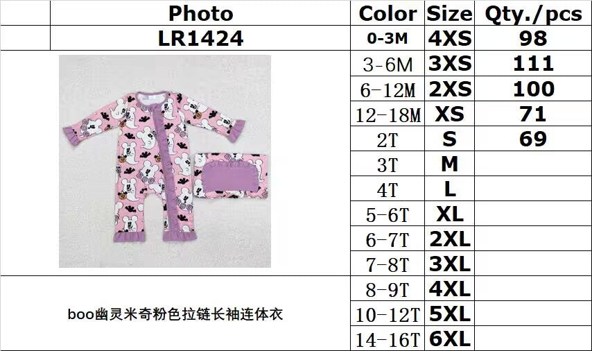 RTS NO MOQ ETA 5/7days LR1424 boo ghost Mickey pink zipper long sleeve jumpsuit