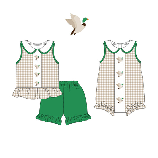 3.17 custom each style moq 5eta 4-6week Sibling Sister duck baby girl boy short sleeve shorts sets and romper match design