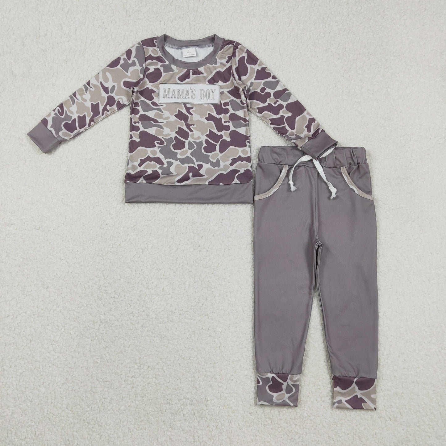 RTS NO MOQ（In Stock ) BLP1333 Embroidered Mama's Boy Camouflage Long-Sleeve Pants Set