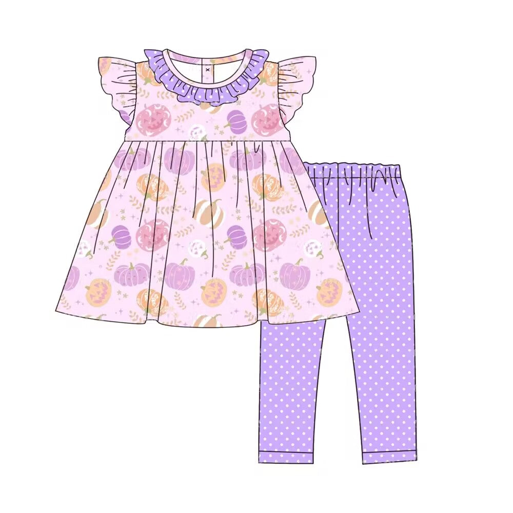 custom moq 5 eta 5-6weeks baby girls clothes Halloween purple pumpkin flying sleeve grid Pants Sets