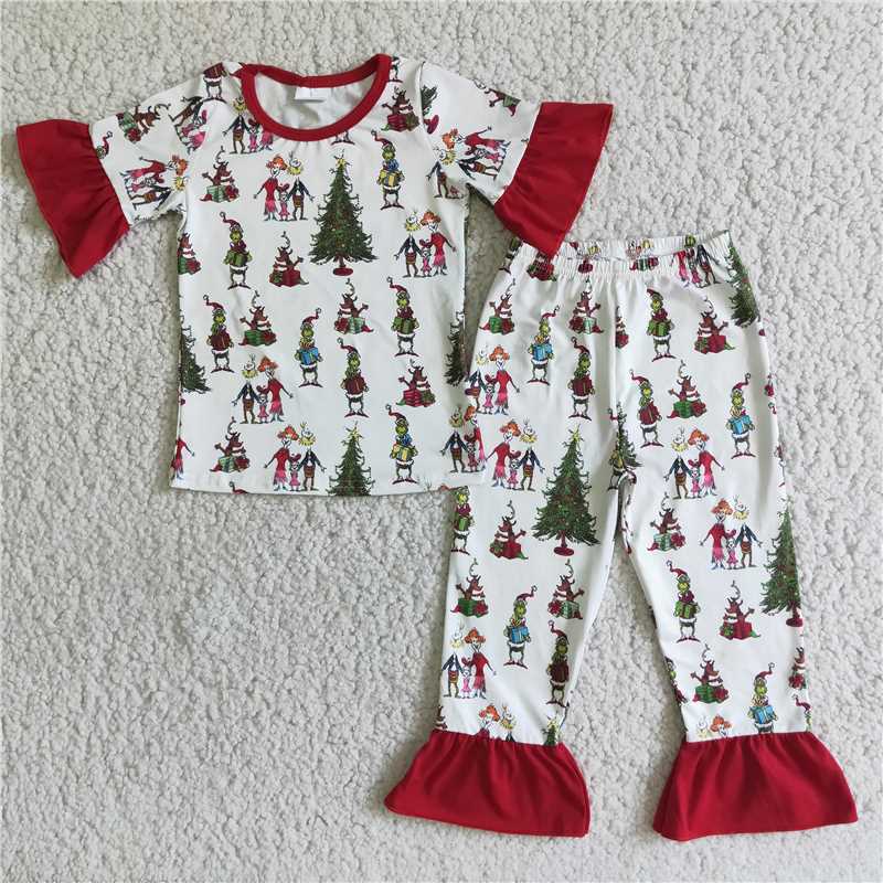 RTS NO MOQ（In Stock ) Girls Christmas tree grinch short sleeve lace suit pajamas