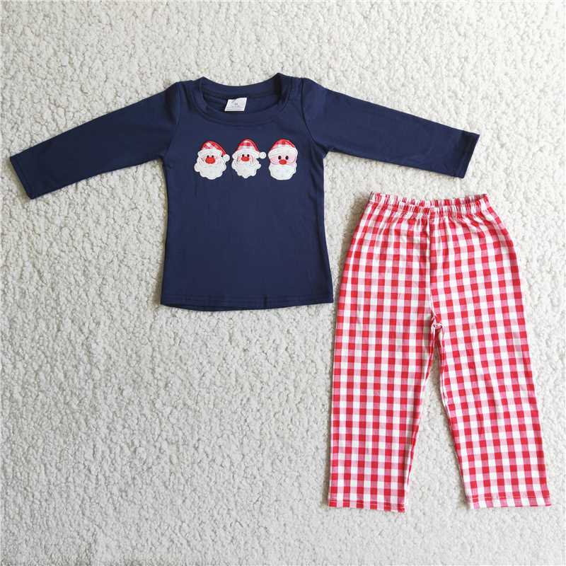 6 A6-27 Boys Embroidered Santa Long Sleeve Top Plaid Pants Set