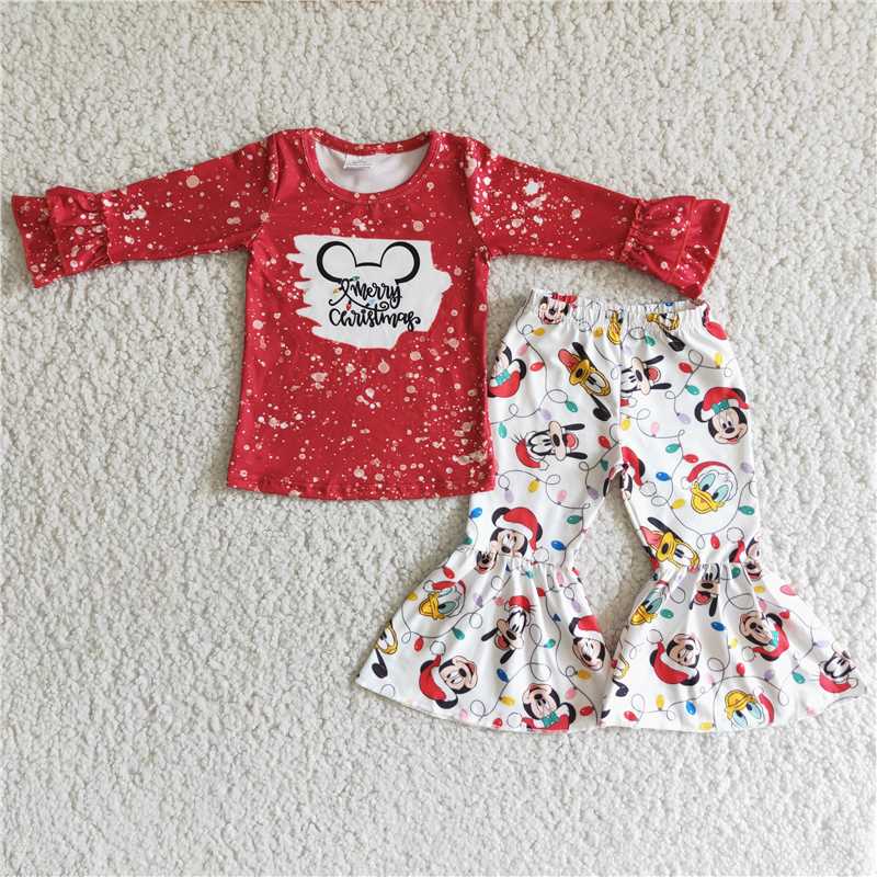 6 C11-4 Merry Christmas Red Long Sleeve Top Mickey Flared Pants Set