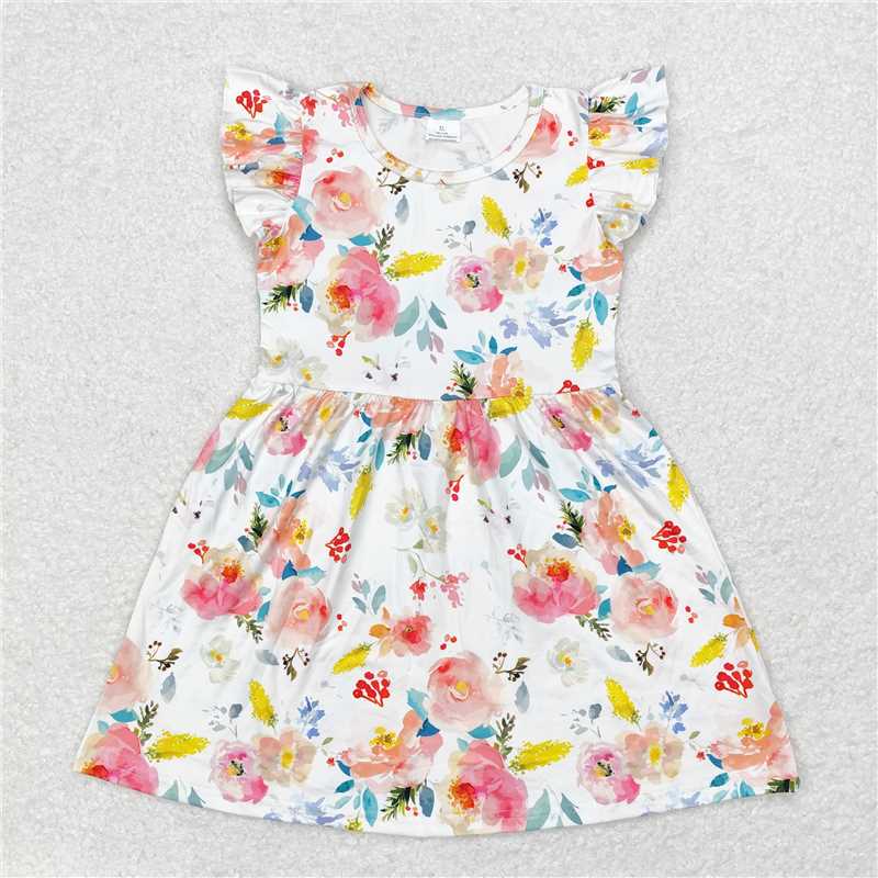 RTS SALES NO MOQ G6-19-3’、、Colorful floral white flying sleeve skirt 彩色花白色飞袖裙