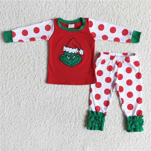 RTS NO MOQ 6 A0-5 Girls grinch embroidered polka dot long sleeve trousers set