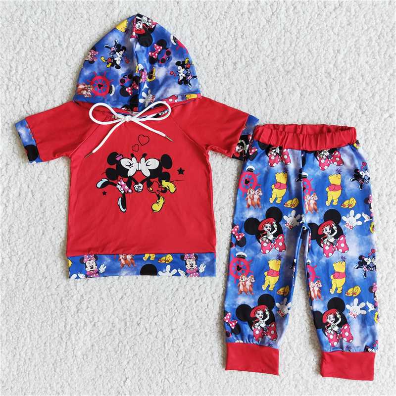 RTS NO MOQ Baby Girl Valentine Hodded Short Sleeve Top Pants Set