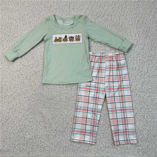 RTS SALES NO MOQ G4-2.;; Boys plaid trousers and matcha long-sleeved top