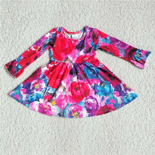 RTS NO MOQ SALES G3-8-8*; Rose purple and blue floral long-sleeved dress