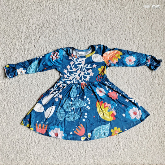 RTS NO MOQ SALES G3-8-8., Navy blue long-sleeved dress with buds and leaves