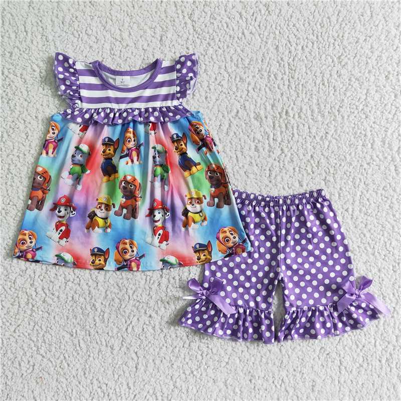 rts no moq GSSO0060 Girls Pao Wang Team Purple Flying Sleeves White Dot Bow Knot Shorts Set