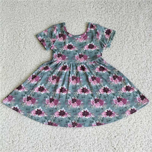 G4-21-4* Dark purple peony flower gray green short-sleeved dress