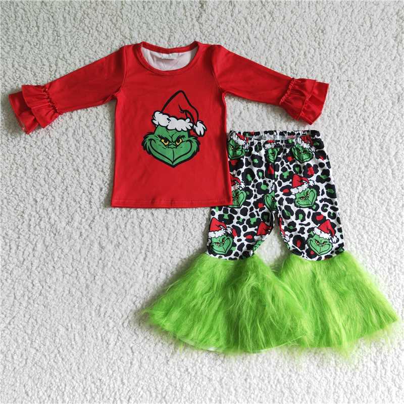 RTS NO MOQ GLP0151 Girls christmas green with fur boys and girls Santa hat long sleeve and long pants suit