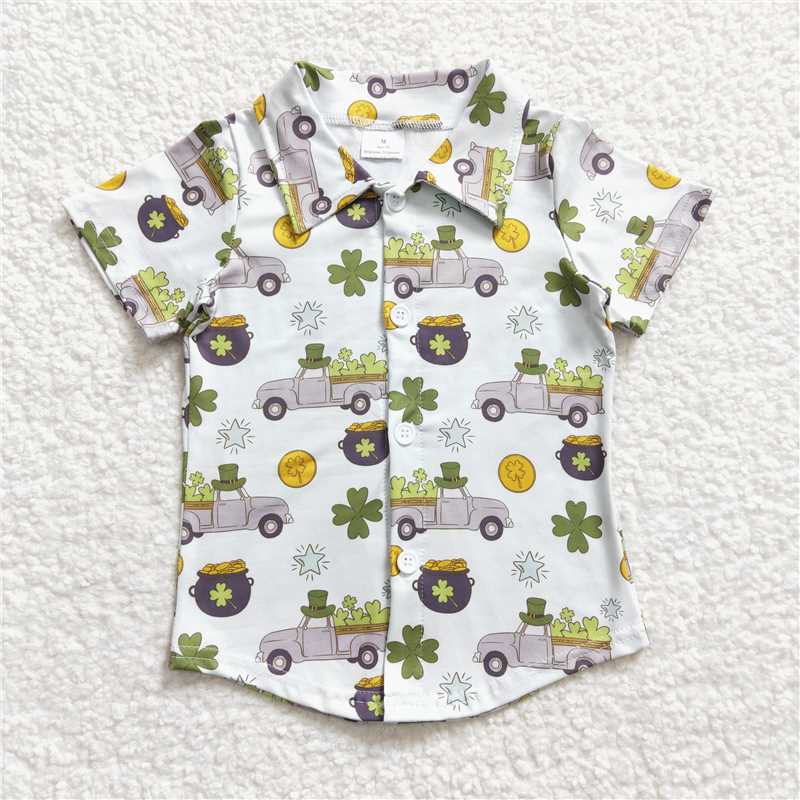 RTS NO MOQ ETA 5/7days arrivedBT0181 Boys four-leaf clover car green short-sleeved top