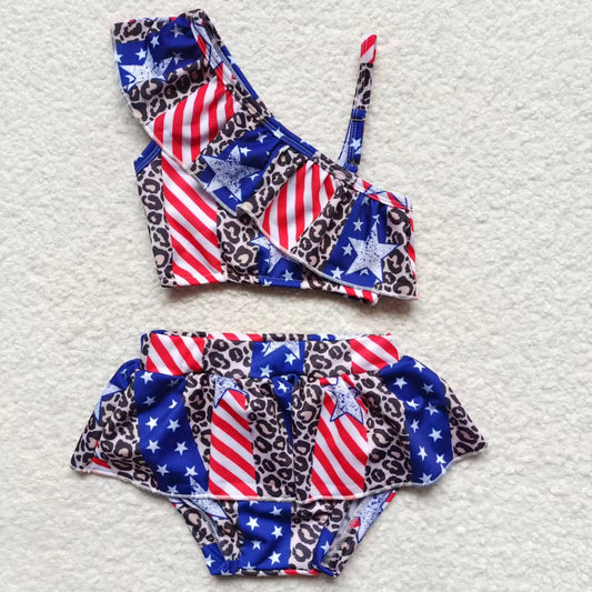 S0094 RTS National Day Star Stripe Leopard Print Swimsuit Set