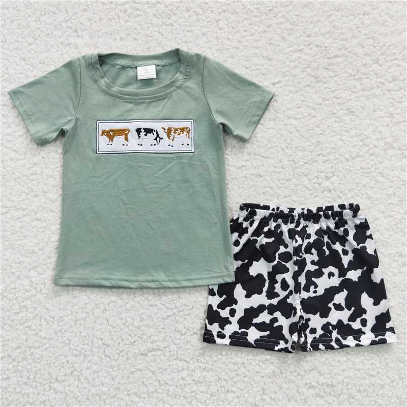 RTS	  BSSO0264 Boys Embroidered Cow Green Short Sleeve Cow Pattern Shorts