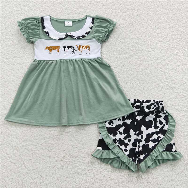 RTS	  BSSO0264 Boys Embroidered Cow Green Short Sleeve Cow Pattern Shorts