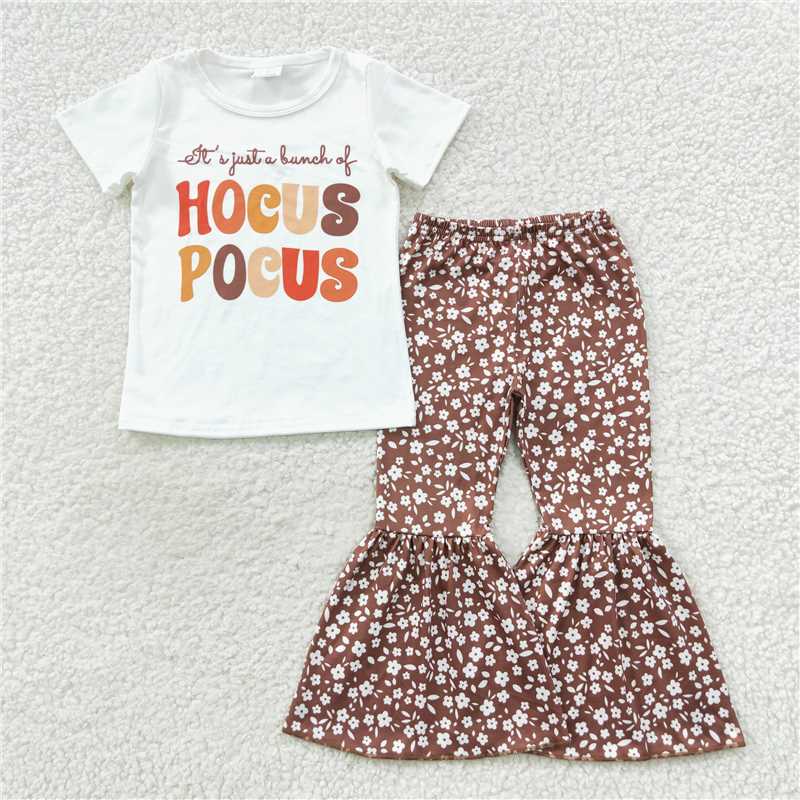 RTS NO MOQ（In Stock)	 GSPO0811 hocus pocus lettering white short-sleeved floral trouser suit