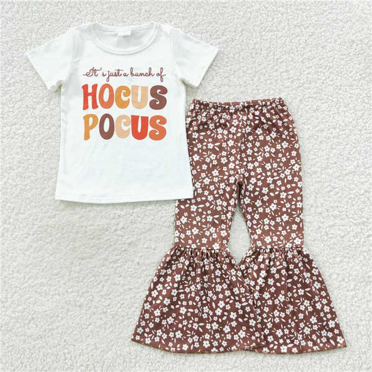RTS NO MOQ（In Stock)	 GSPO0811 hocus pocus lettering white short-sleeved floral trouser suit