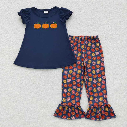 RTS NO MOQ GSPO0762 Embroidered three pumpkins navy blue short-sleeved lace trousers