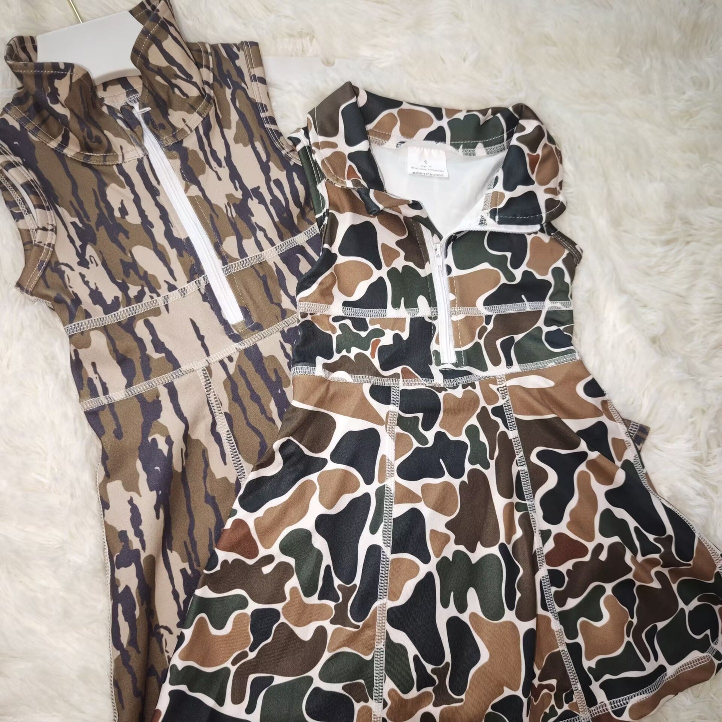 RTS NO MOQ Sibling baby girl clothes Military green camouflage zipper yoga sleeveless dresses