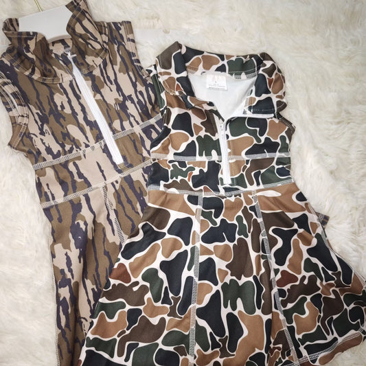 RTS NO MOQ Sibling baby girl clothes Military green camouflage zipper yoga sleeveless dresses