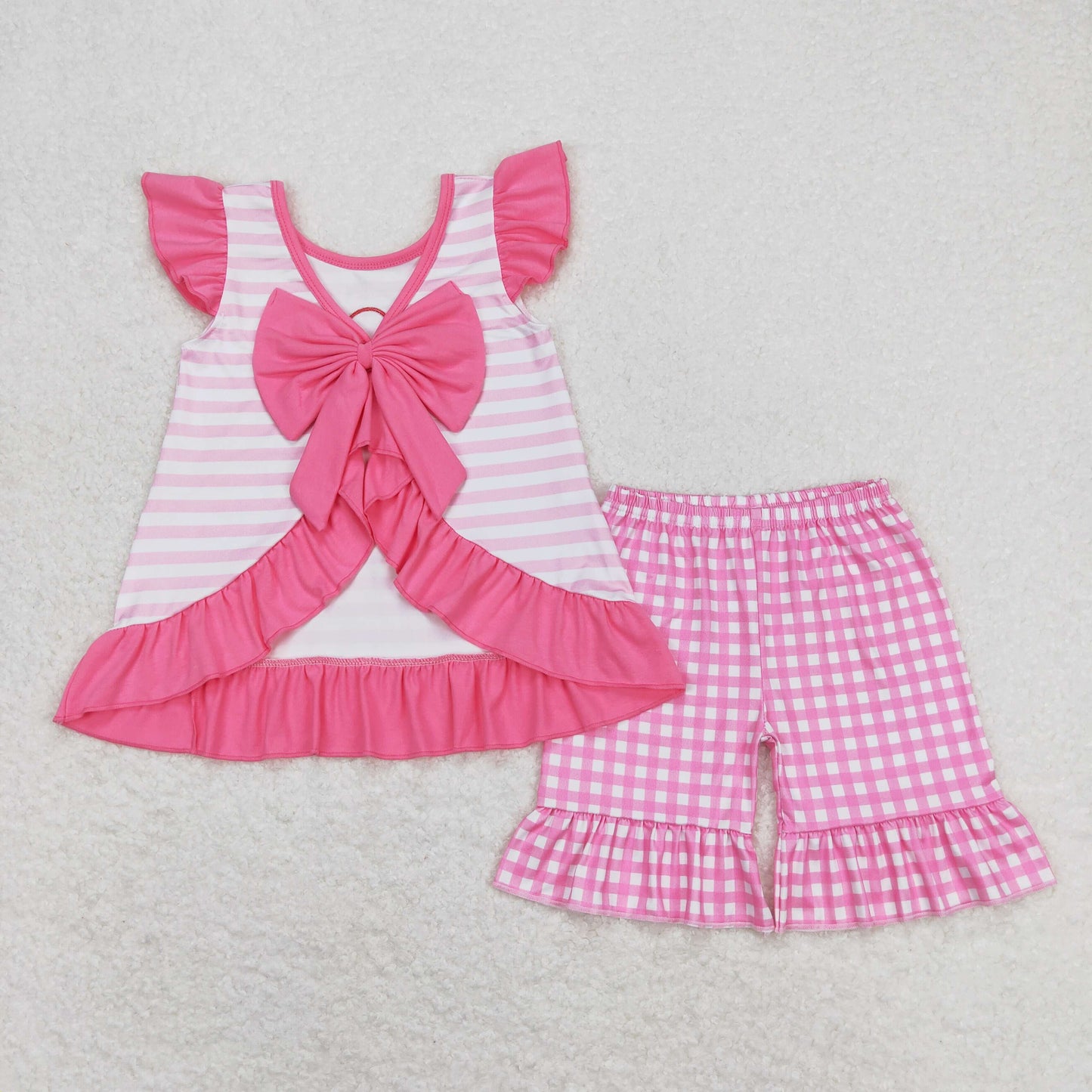 GSSO0563 I love dad embroidered love striped bow pink and white plaid short-sleeved shorts suit