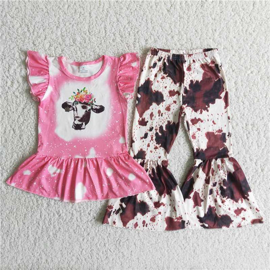 rts no moq C8-13 Buffalo Pink Short-sleeved Top Ink Pattern Flared Pants Set