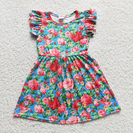 RTS SALES NO MOQ G2-23-3,. Red flower and green leaf blue flying sleeve dress 红花绿叶蓝色飞袖裙