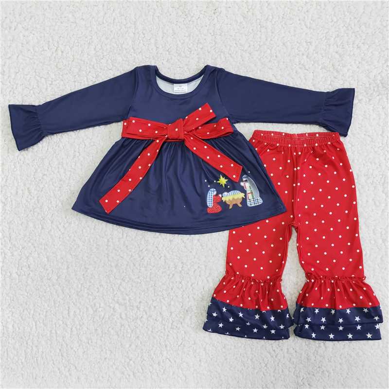 RTS NO MOQ 5-7DAYS ARRIVED 6 B1-2 Girls Blue navy blue Jesus top and red polka dot trousers set