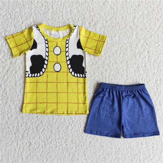 E10-30Boys' cow yellow plaid short-sleeved shorts suit