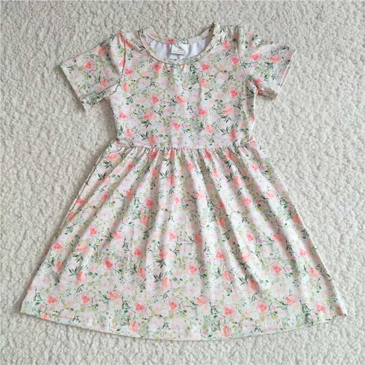 G5-11-3.; Light orange floral green leaf short-sleeved dress