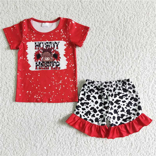 GSSO0043 HOWDYHEIFER Bullhead Red Short Sleeve Cow Lace Shorts Set