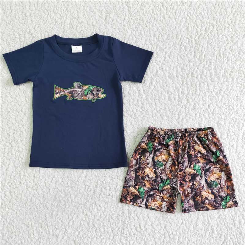 rts no moq BSSO0010 Dark Blue Short Sleeve Embroidered Fish Shorts Leaf Set