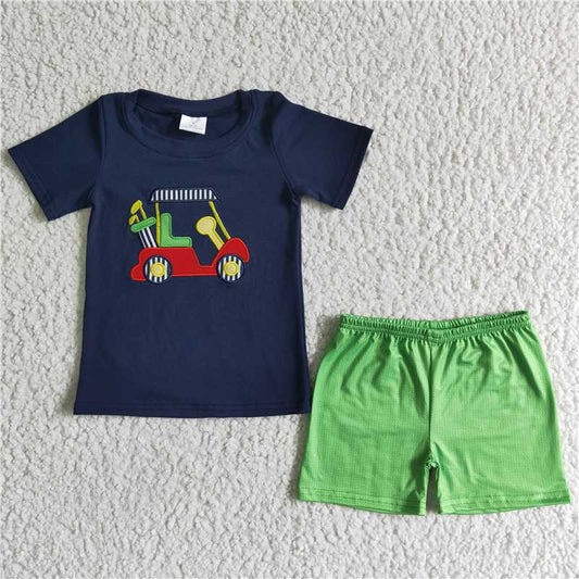 BSSO0030 Boys Embroidered Car Black Short Sleeve Green Shorts Set