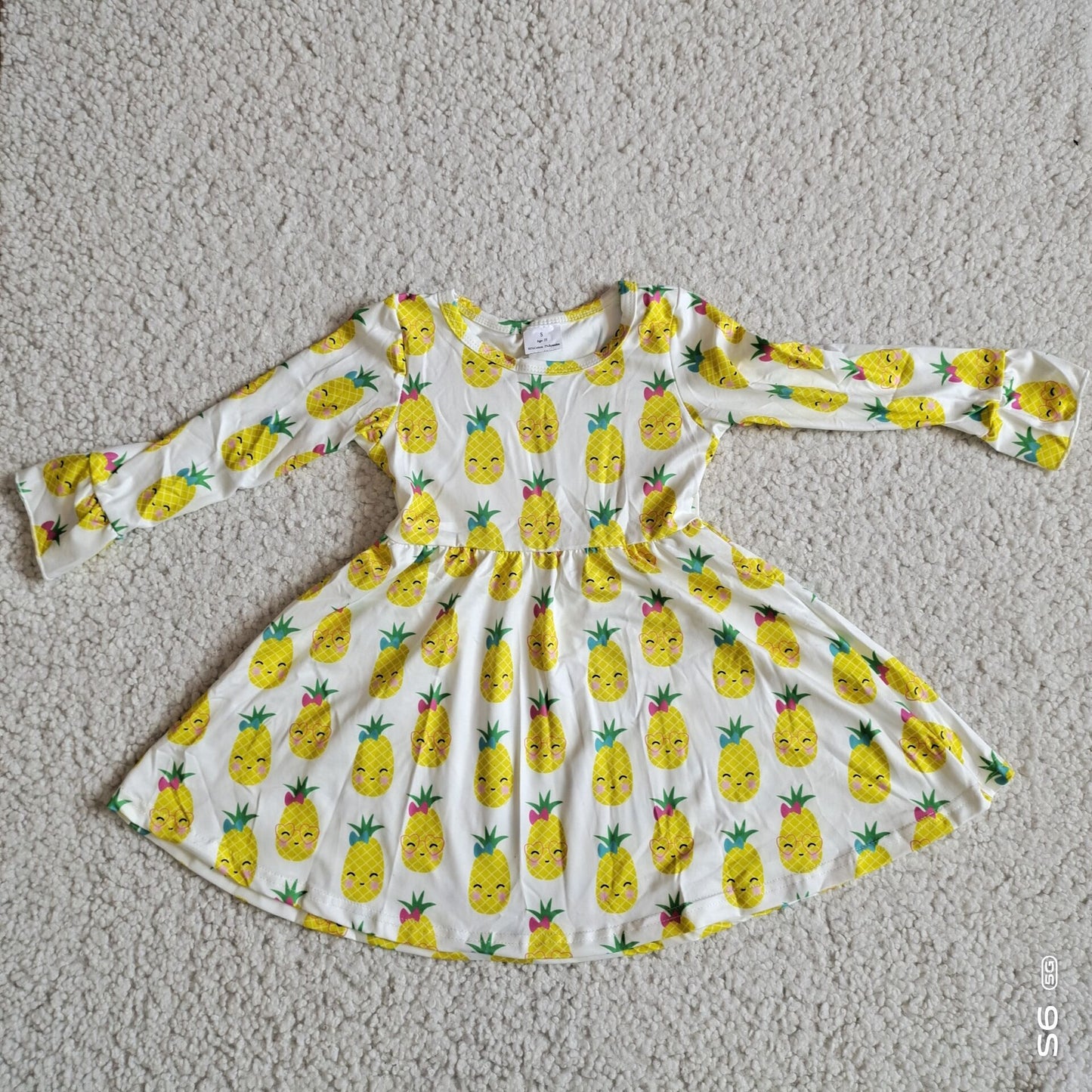 RTS NO MOQ SALES G2-24-6.,. Pineapple white long-sleeved dress