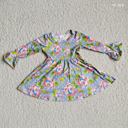 RTS NO MOQ SALES  G2-24-6..; Pink flower, green leaves, white dots, gray long-sleeved dress