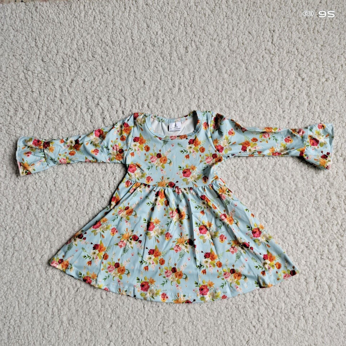 RTS NO MOQ SALES G2-20-4*;\ Orange-red flower and light blue long-sleeved dress