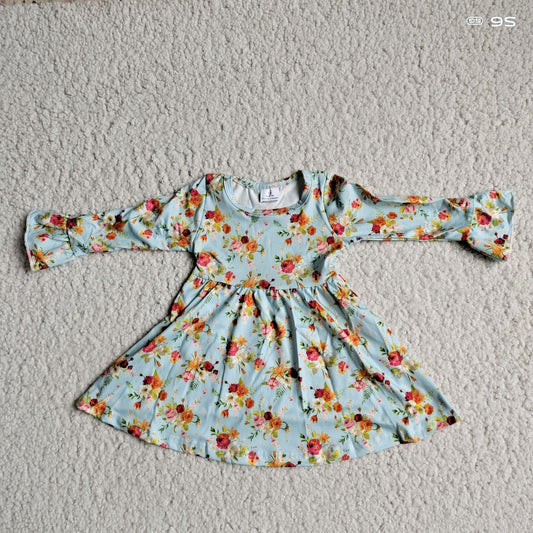 RTS NO MOQ SALES G2-20-4*;\ Orange-red flower and light blue long-sleeved dress