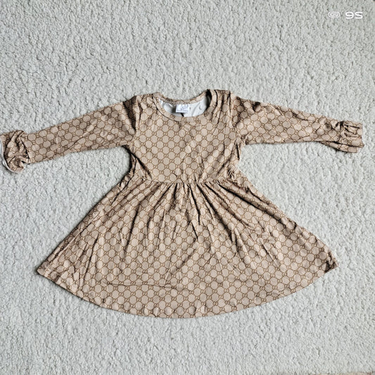 RTS NO MOQ SALES G2-20-8,;; Brown Spotted Plaid Khaki Long Sleeve Dress