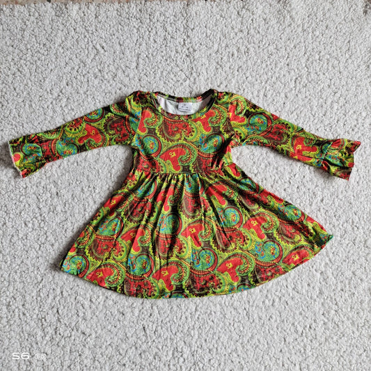 RTS NO MOQ SALES G2-20-8*/; Red and green mixed color fan-shaped long-sleeved dress