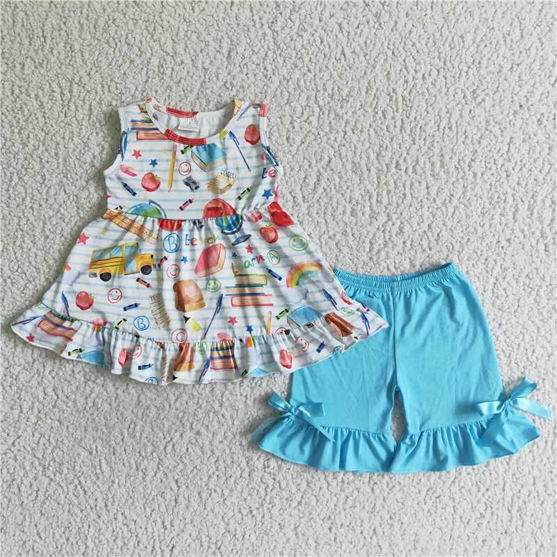 RTS NO MOQ baby girl clothes BACK TO SCHOOL short-sleeved shorts suit & short-sleeved sets dress