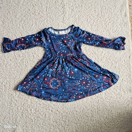 RTS NO MOQ SALES G2-24-3*-\ Fireworks stars dark blue long-sleeved dress