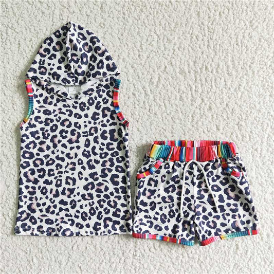 BSSO0060 Boys Leopard Sleeveless Hooded Shorts Set