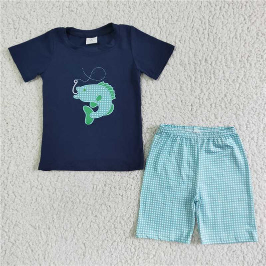 BSSO0008 Boys Embroidered Fishing Short Sleeve Blue Mesh Shorts Set