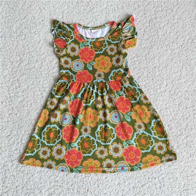 G5-7-2'* Blue and orange floral pattern grass green flying sleeve dress