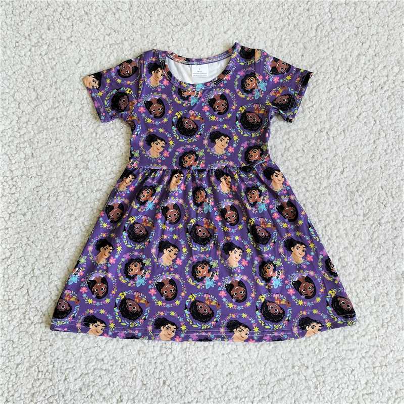 G4-25-6* Girls' short-sleeved purple dress with colorful wreath