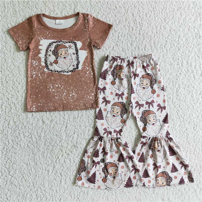 RTS NO MOQ GSPO0180 GSPO0181 Leopard Santa Short Sleeve Flared Pants Set: Pink & Brown