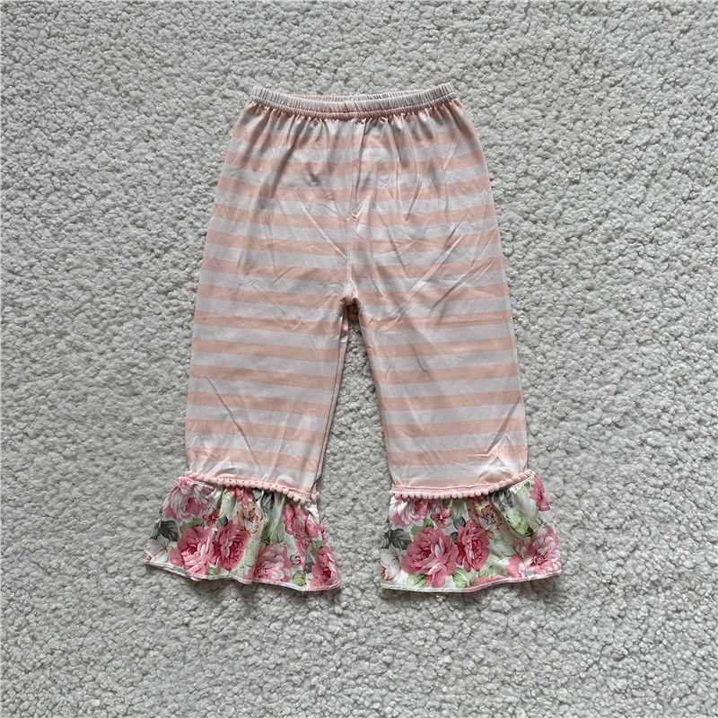 RTS SALES NO MOQ G5-8-5‘\’ Flower hem orange and pink striped trousers